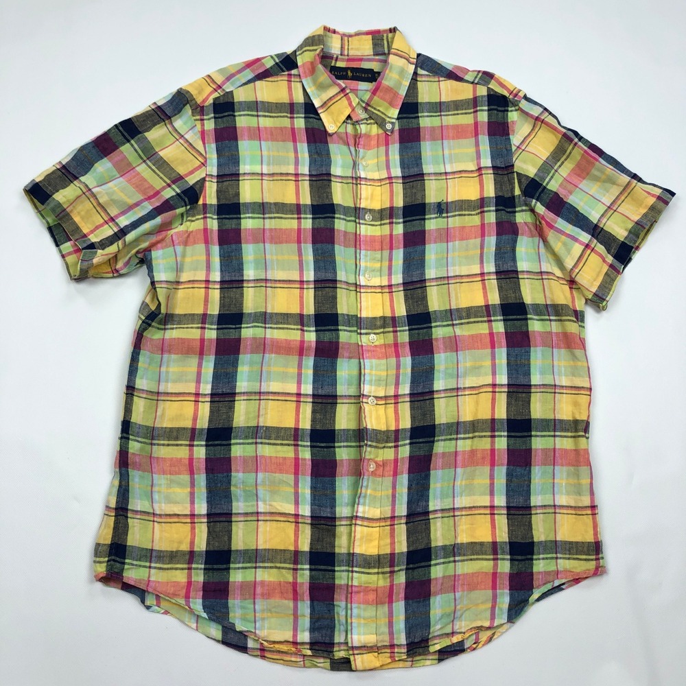 Ralph Lauren Mens XL 100% Linen Plaid Short Sleeve Button Down Shirt Multi